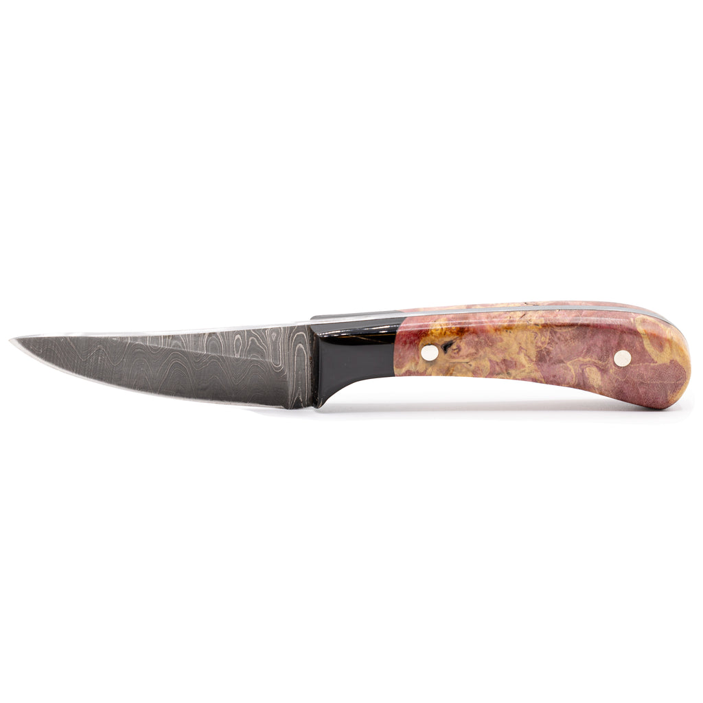 Rucker Knives Custom Damascus IBK 4 in a white background oriented horizontally.
