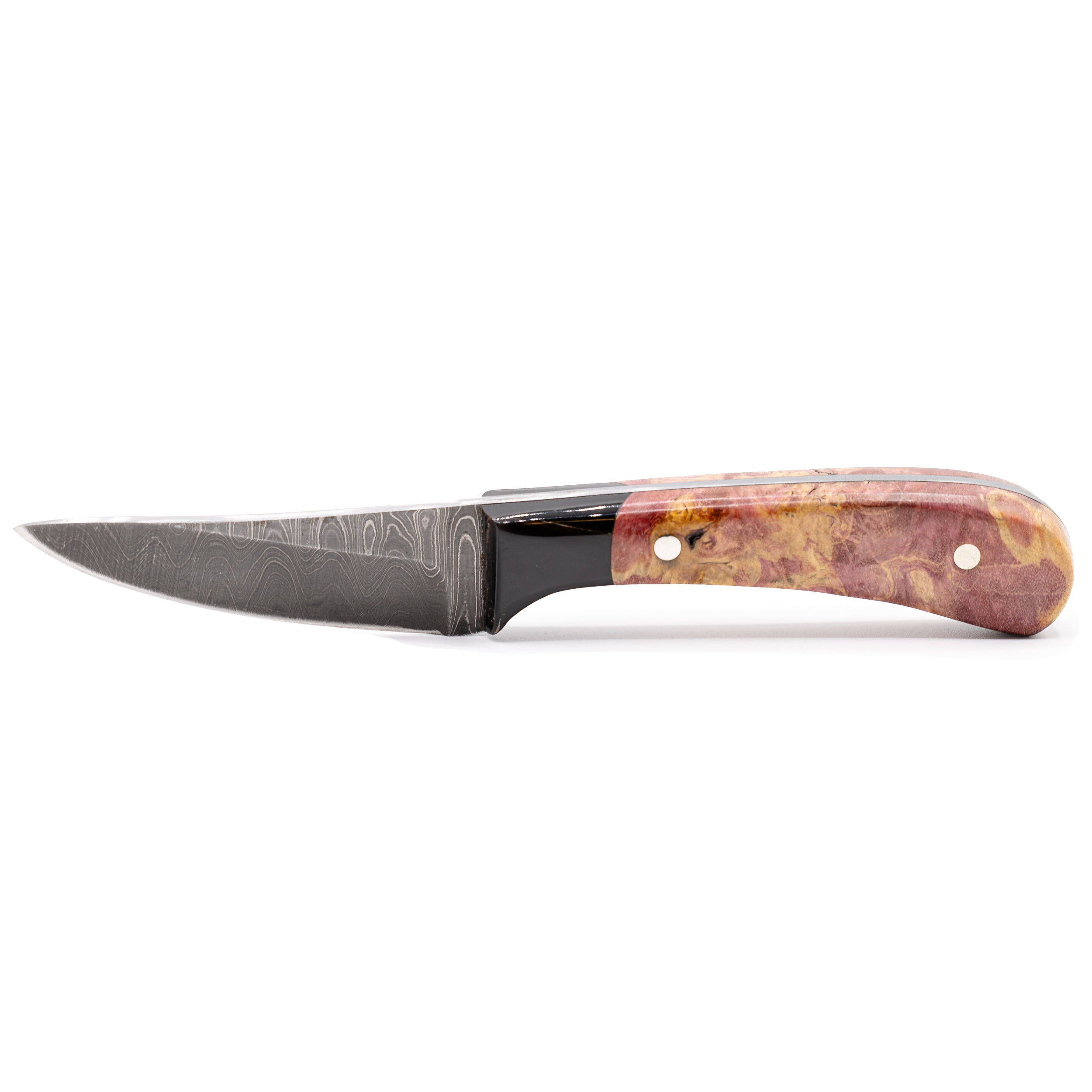 Rucker Knives Custom Damascus IBK 4 in a white background oriented horizontally.