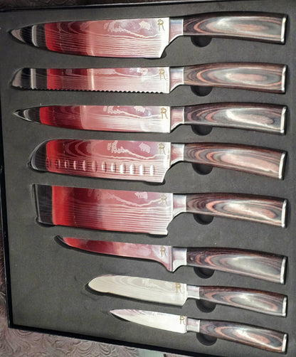 Custom Paka Wood Stainless Steel laser etched Damascus provides the beauty of Damascus with the function and durability of stainless.  providing the next level in professional cutlery.