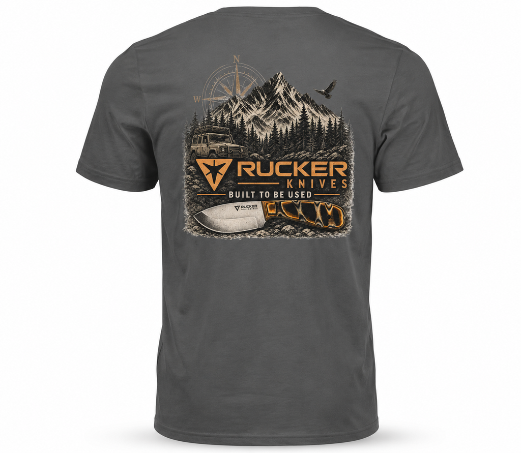 Rucker Knives Long Way Around Shirt back of shirt on white background.