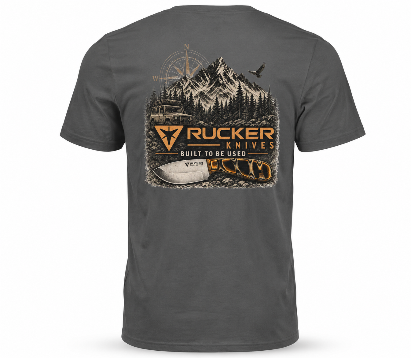 Rucker Knives Long Way Around Shirt back of shirt on white background.
