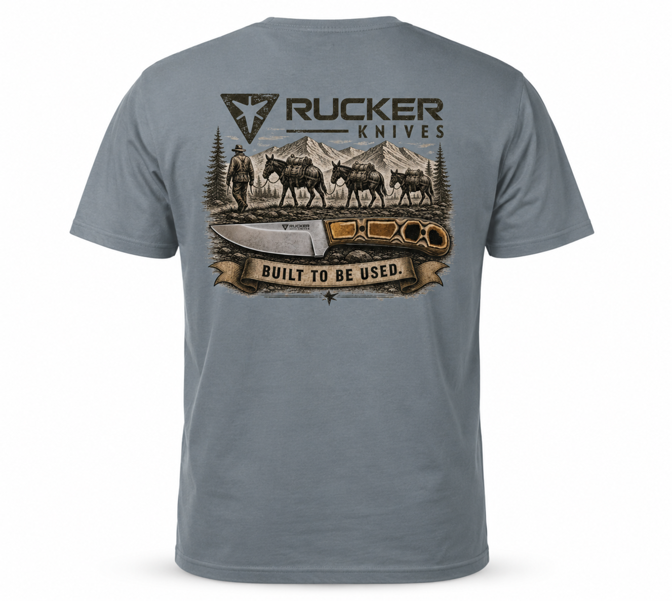 Rucker Knives Mule Packer Shirt back of shirt on white background.
