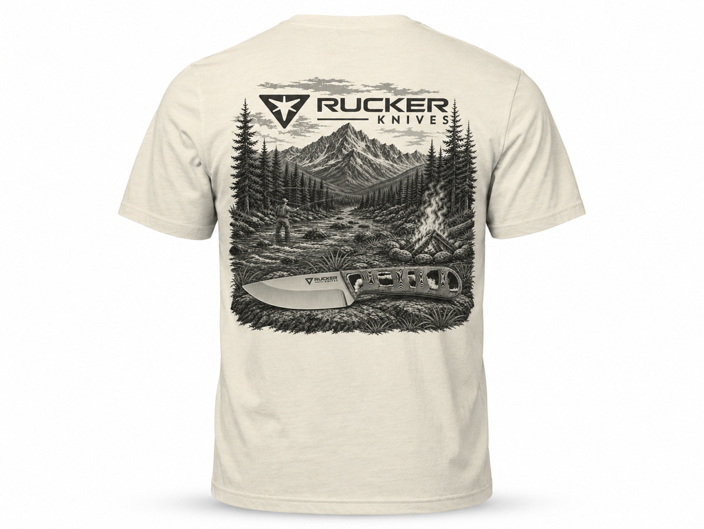 Rucker Knives Lost valley shirt back of shirt on white back ground.