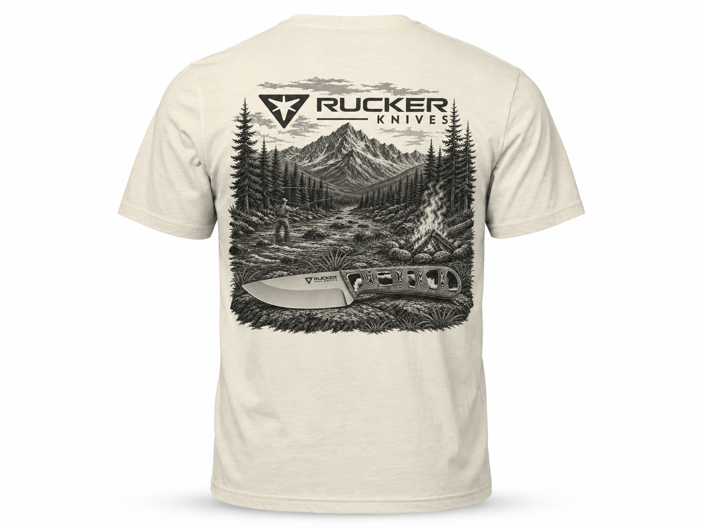 Rucker Knives Lost valley shirt back of shirt on white back ground.