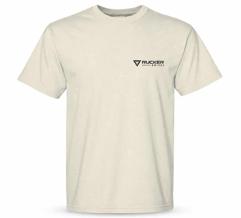 Rucker Knives Lost Valley shirt front of shirt on white background.