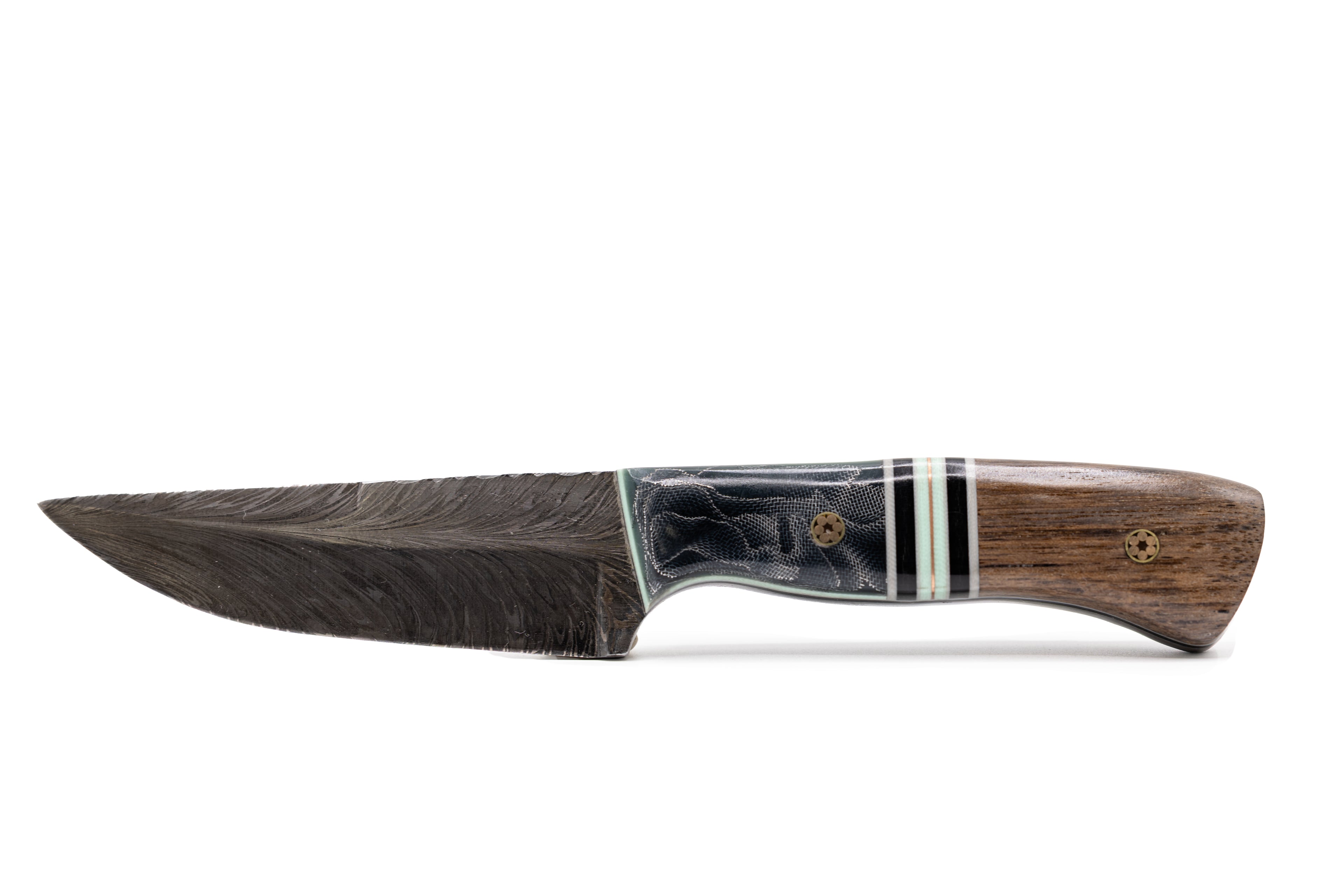 Rucker Knives Custom Damascus Ridge Walk Knife in a white background positioned horizontally.