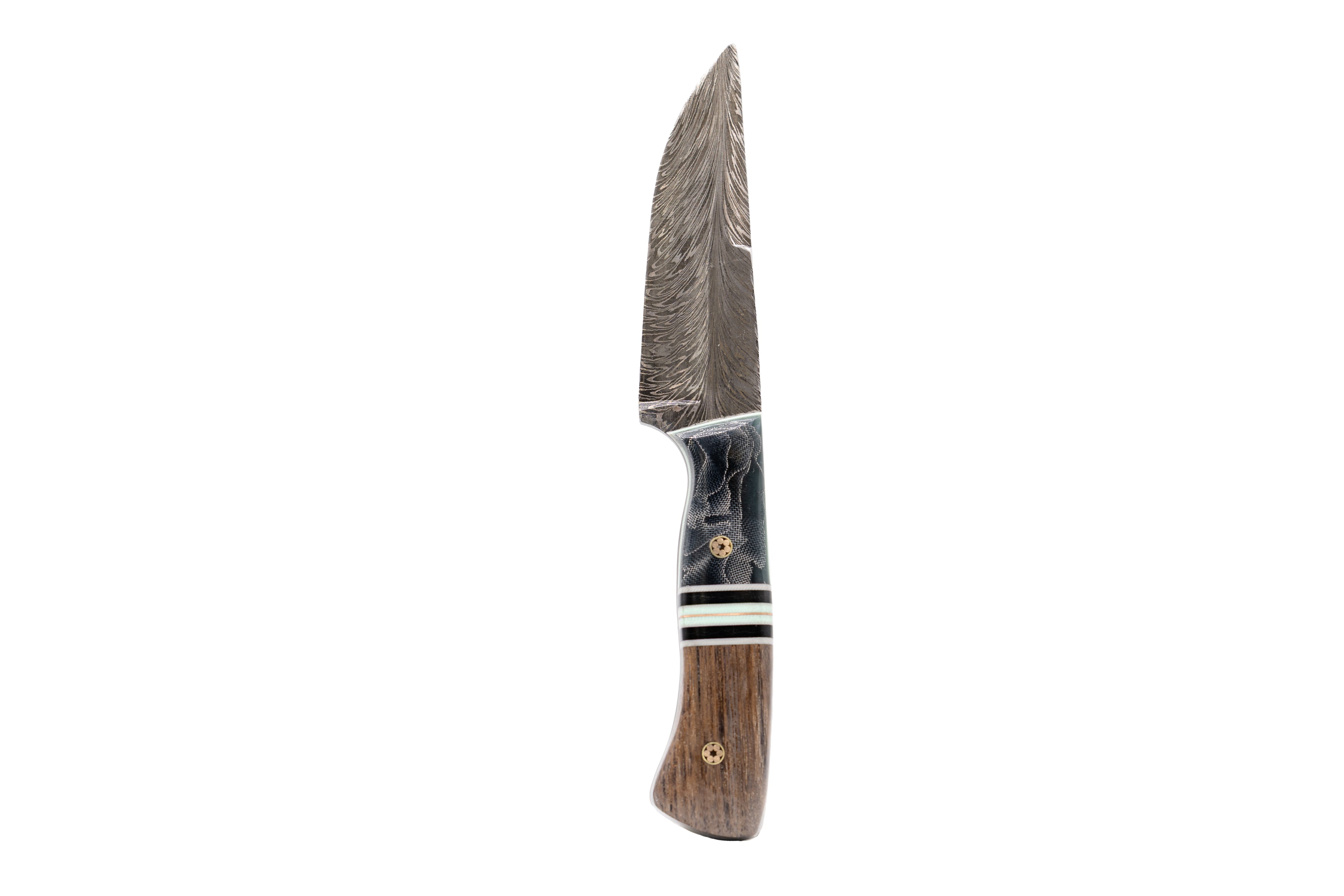 Rucker Knives Custom Damascus Ridge Walk Knife in a white background positioned vertically.
