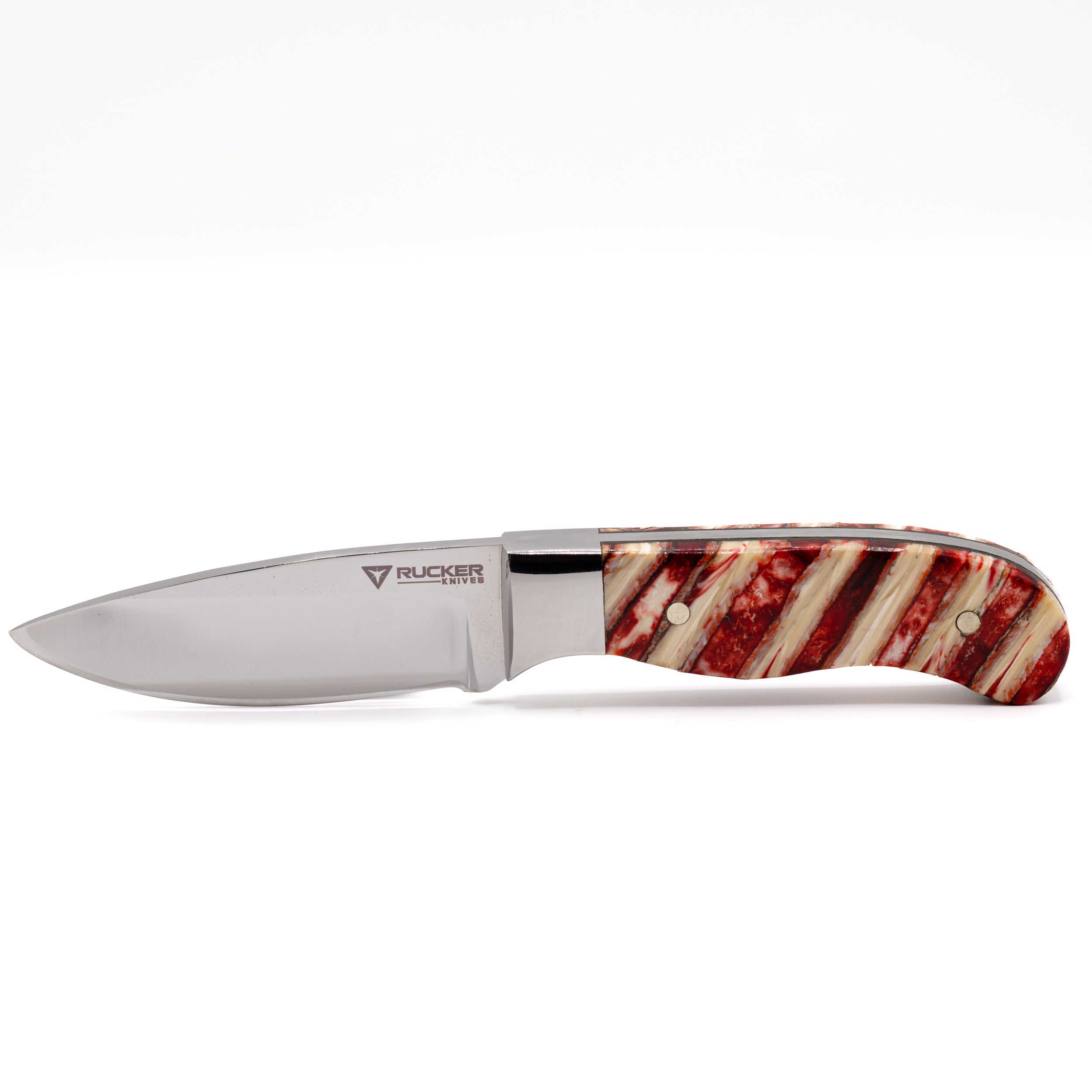 Rucker Knives Snake knife with a custom mammoth tooth handle staged in a white background in a horizontal orientation.