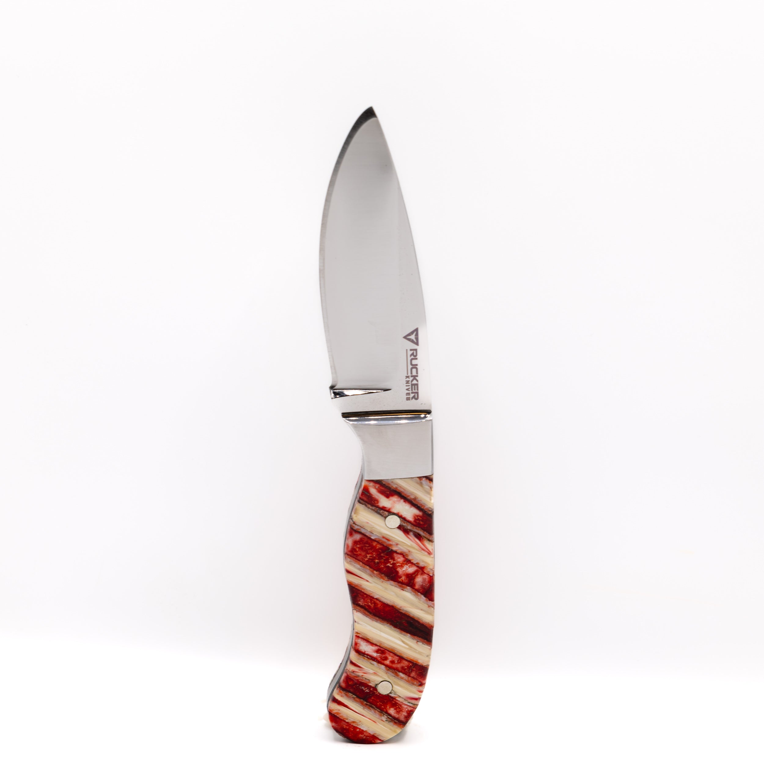 Rucker Knives Snake knife with a custom mammoth tooth handle staged in a white background in a vertical orientation.