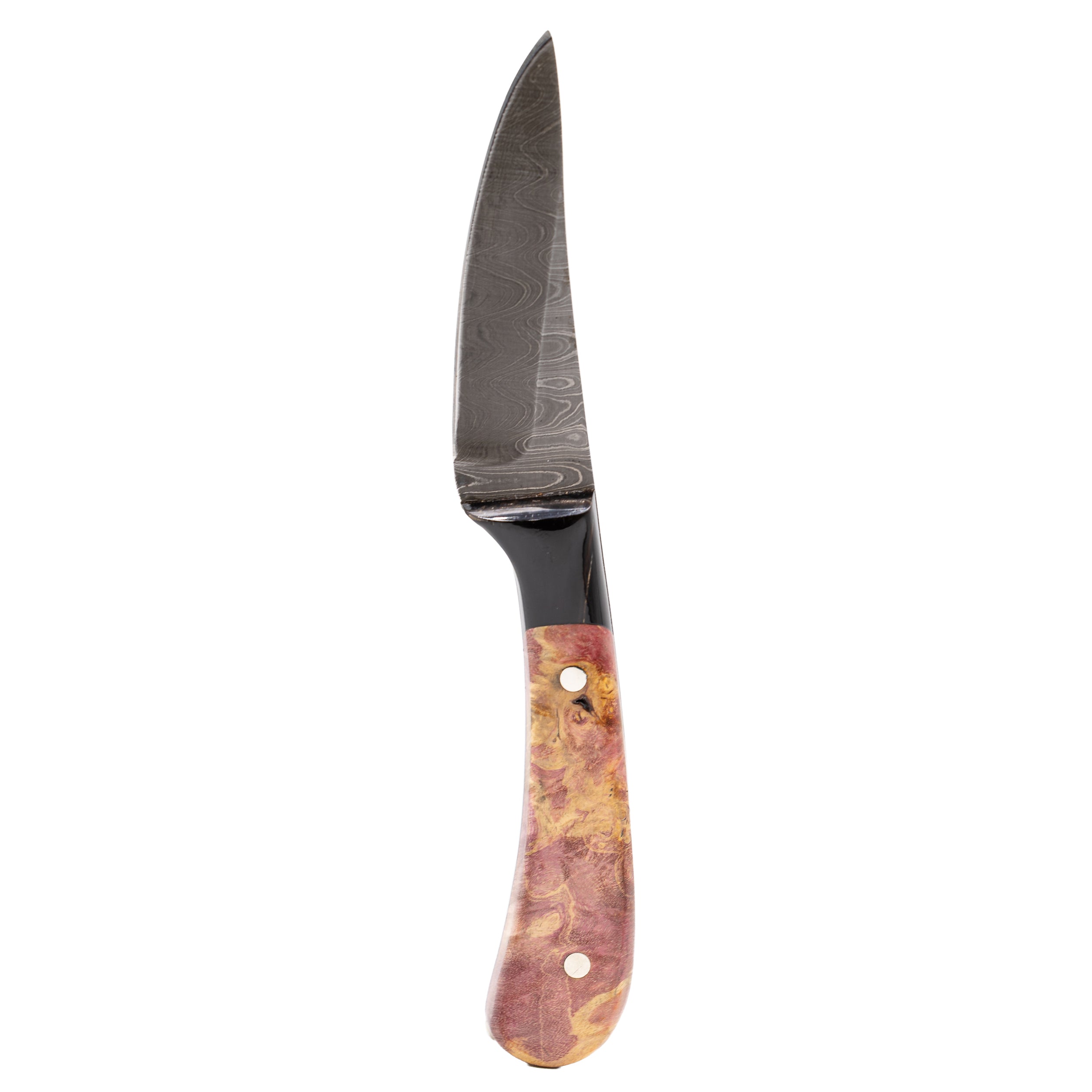 Rucker Knives Custom Damascus IBK 4 in a white background oriented vertically.