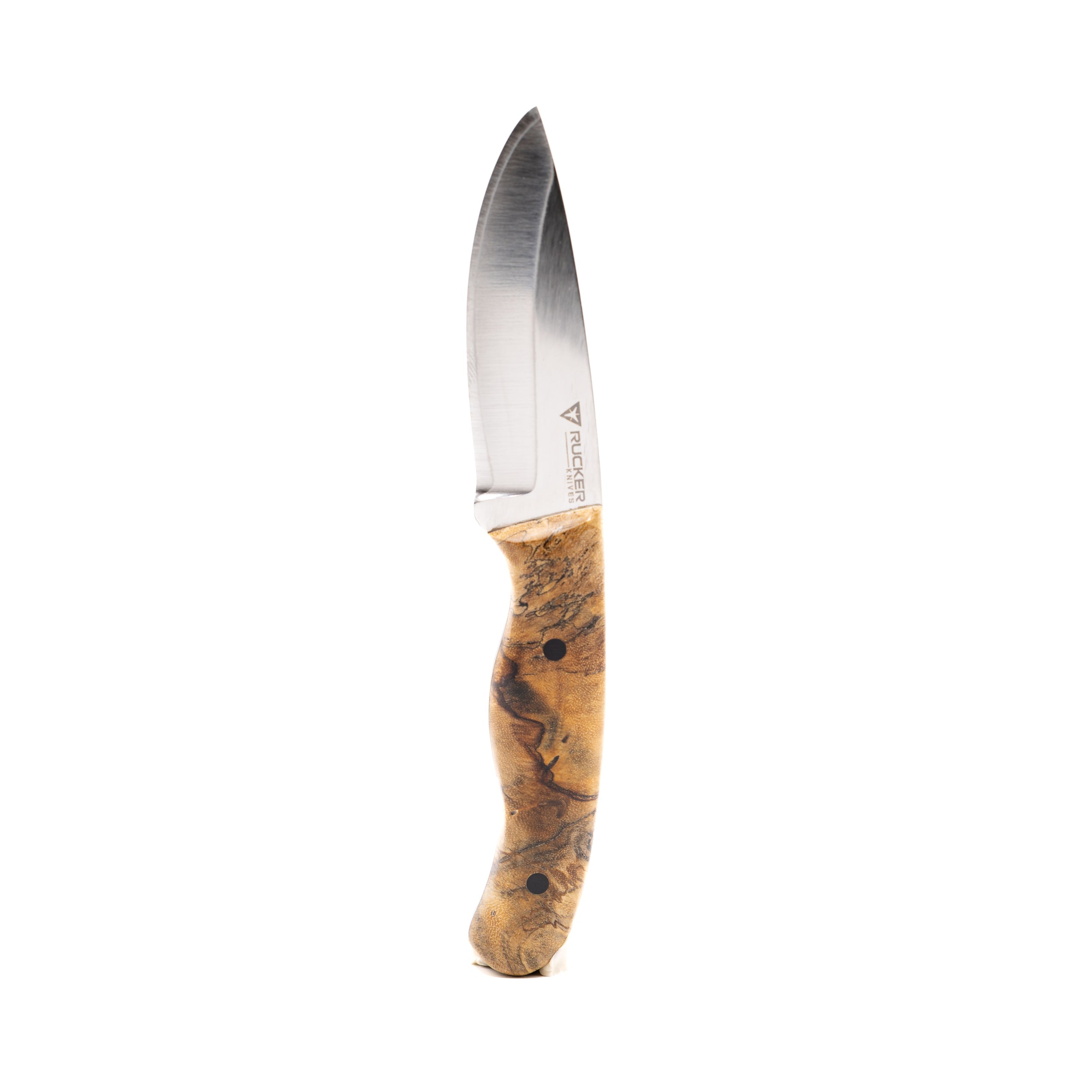Rucker Knives custom Snake Skinner knife in a white background environment positioned in a vertical orientation.