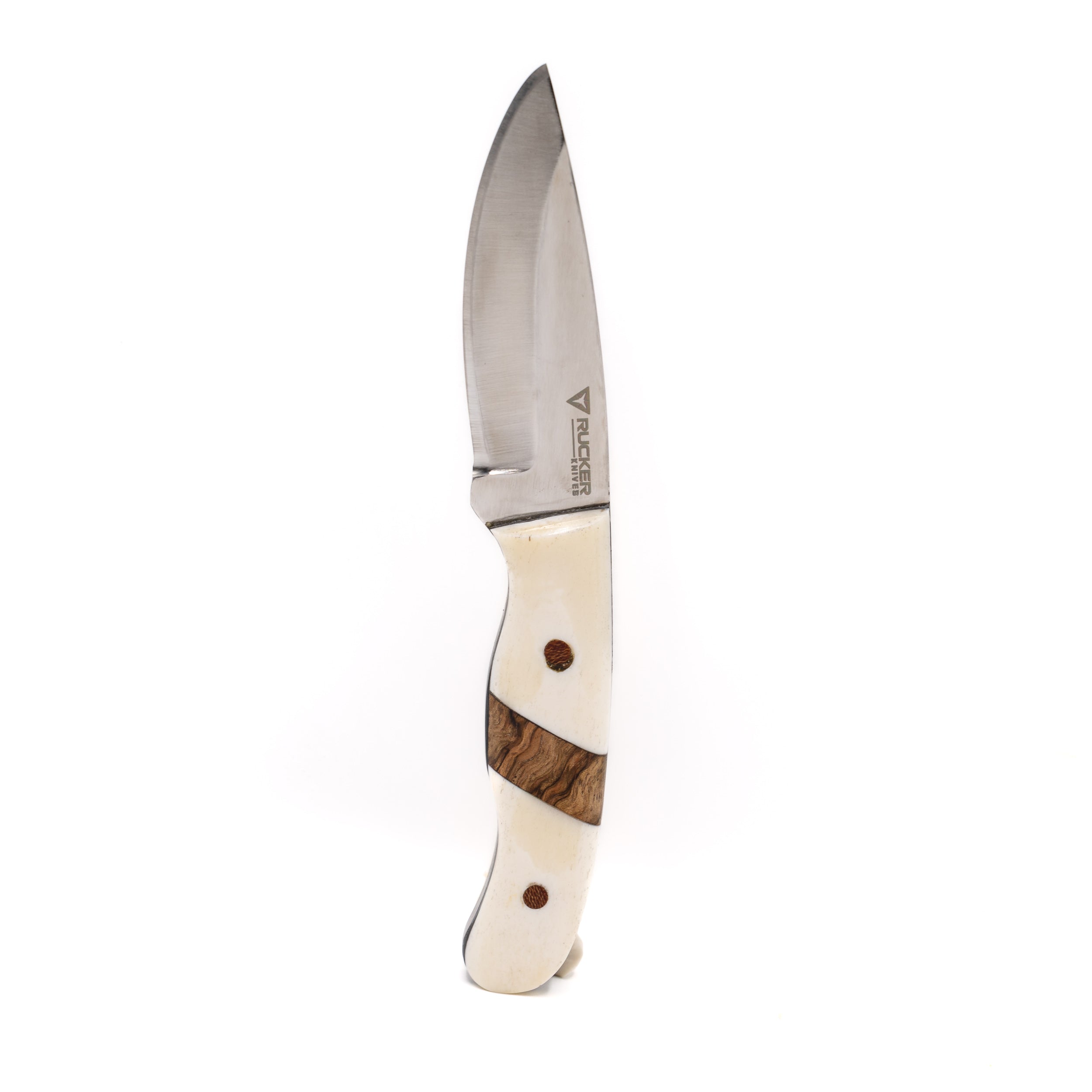 Rucker Knives Custom Snake Skinner in a white back ground positioned in a vertical orientation.