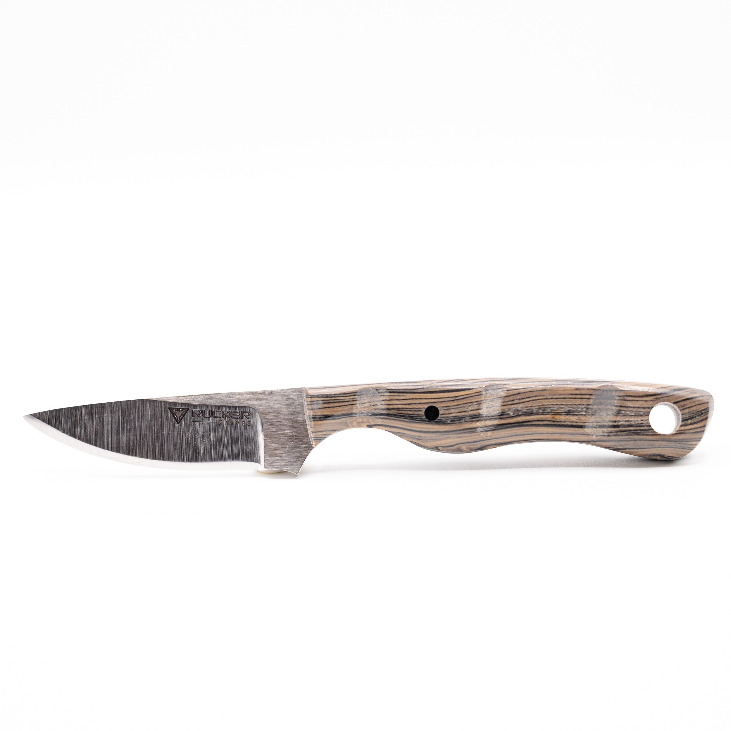 Rucker Knives custom handled Ice Mark knife positioned horizontally in a white background.