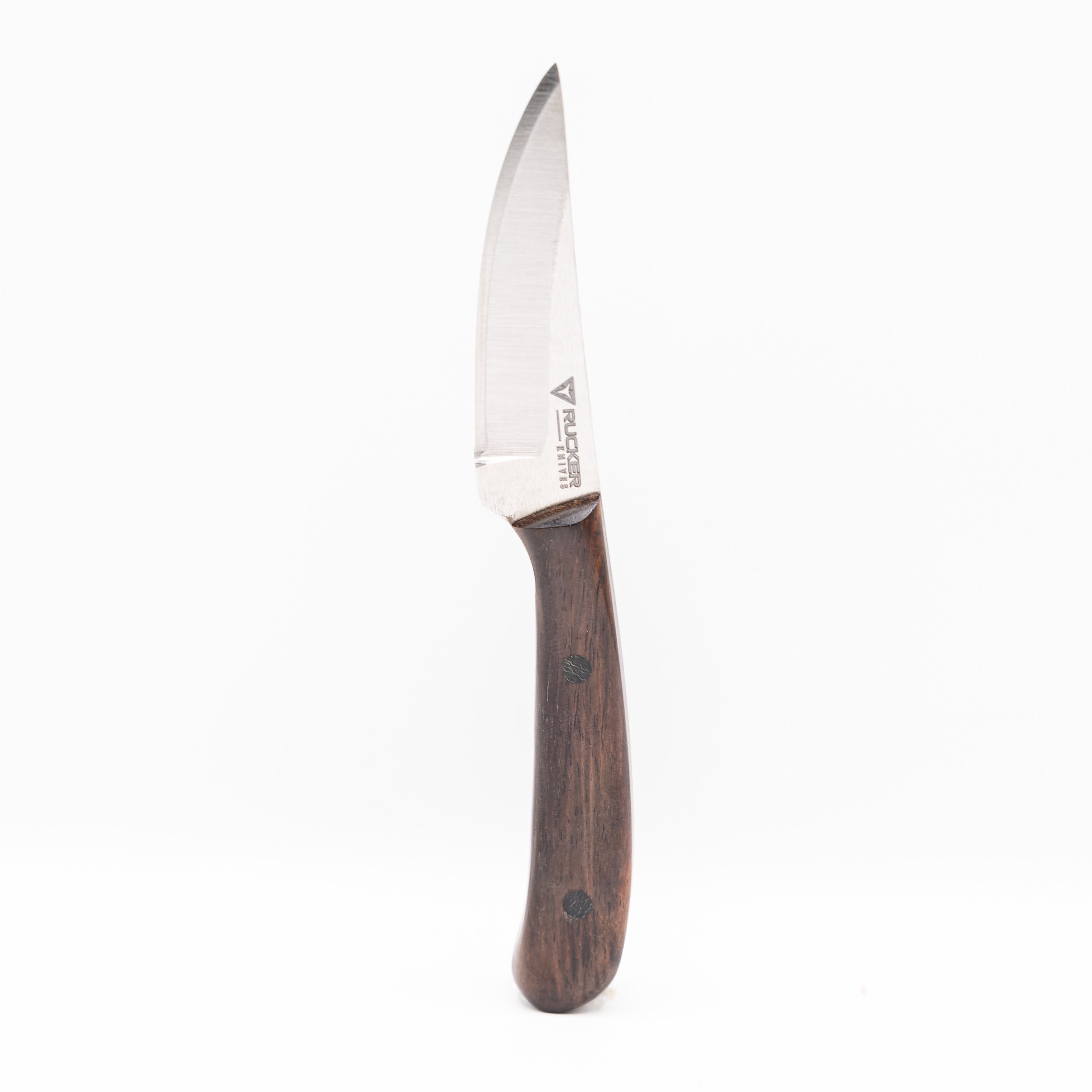 Rucker Knives Custom IBK4 knife in a white background positioned vertically.