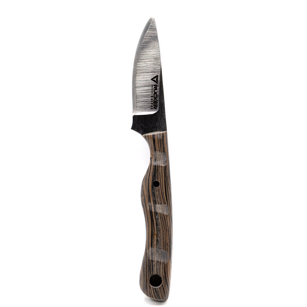 Rucker Knives custom handled Ice Mark in white background Positioned Vertically.