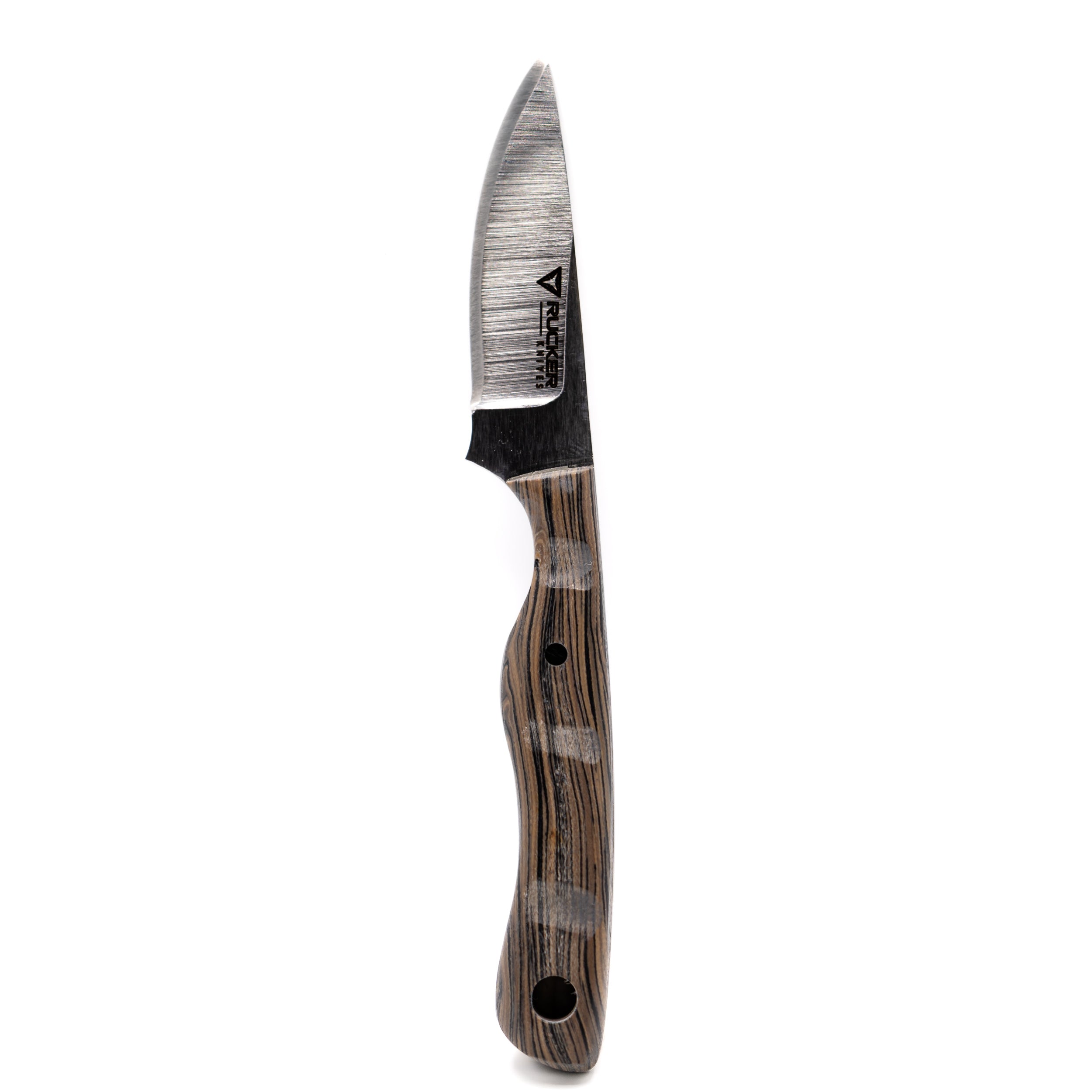 Rucker Knives custom handled Ice Mark in white background Positioned Vertically.