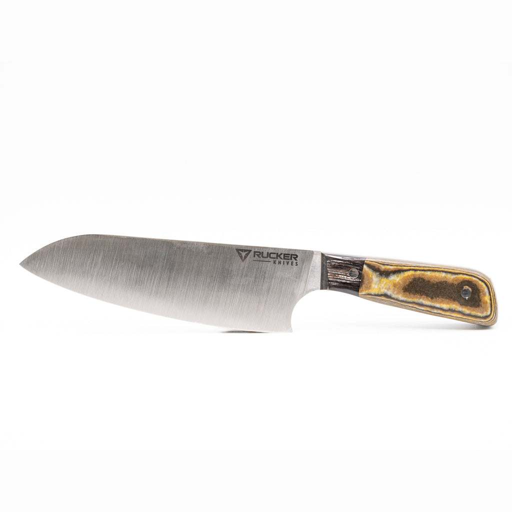 Rucker Knives Mid Chef's knife in a horizontal orientation
