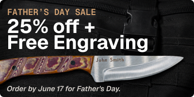 Promotional banner for Father's Day sale with a knife and text about discounts and free engraving.