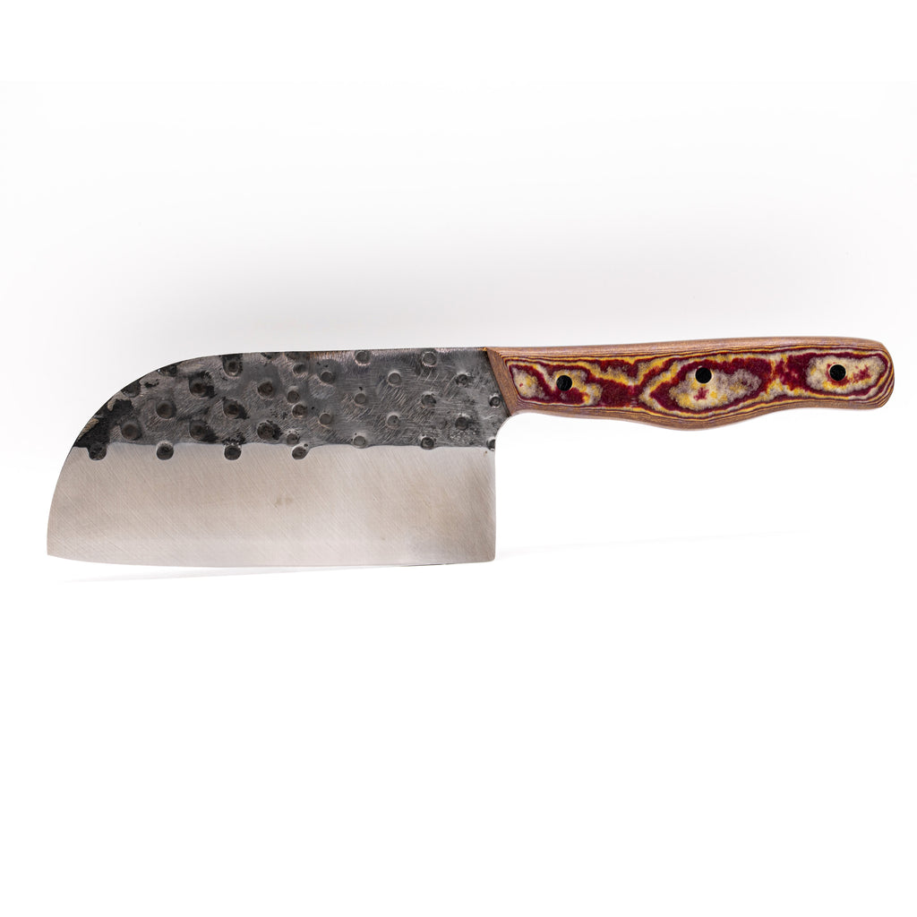 Rucker Knives Fireside Cleaver with a redstone maple handle, on white background Horizontal orientation