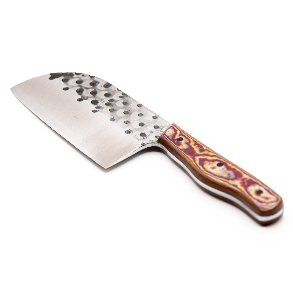 Rucker Knives Fireside Cleaver with a redstone maple handle, on white background diagonal orientation