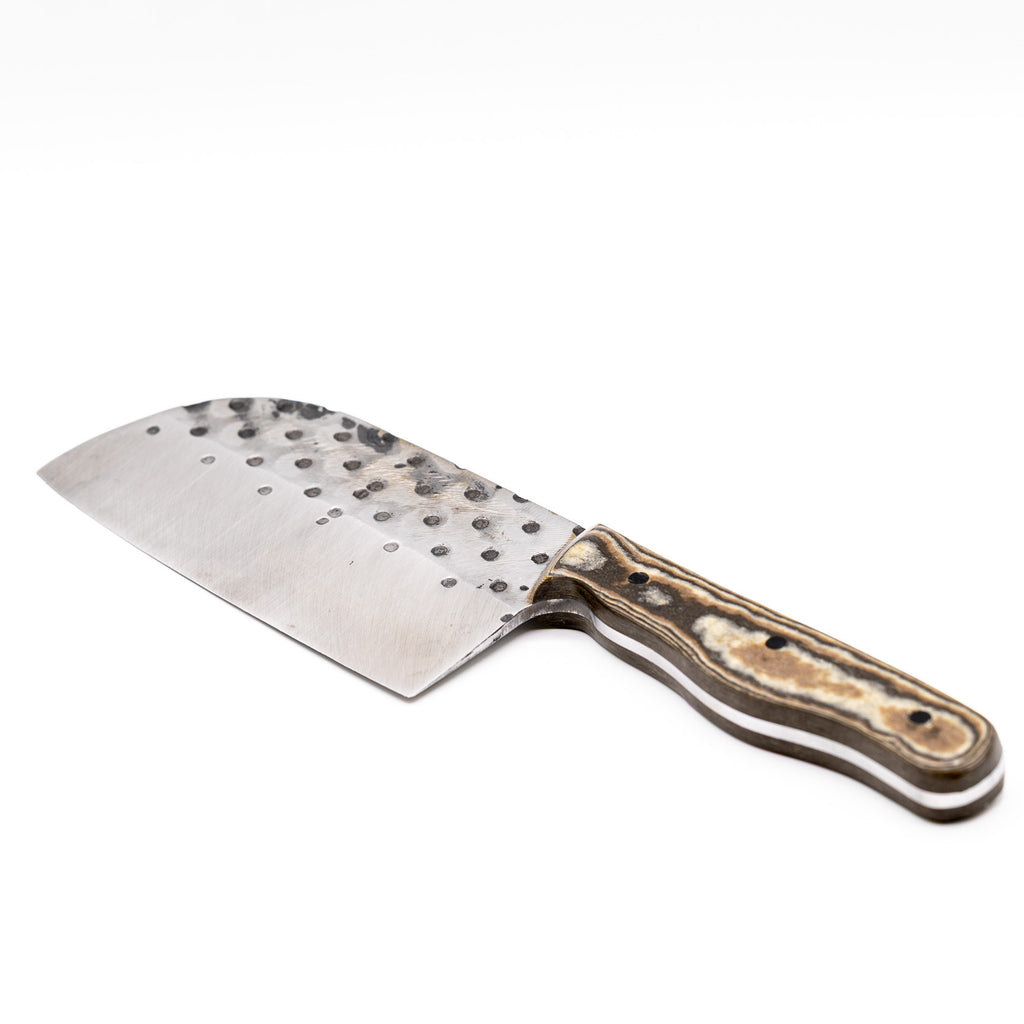 Rucker Knives Fireside Cleaver with a black brown, maple handle, on white background diagonal orientation