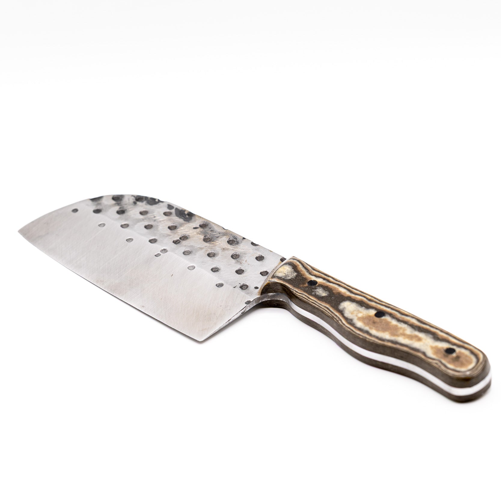 Rucker Knives Fireside Cleaver with a black brown, maple handle, on white background diagonal orientation