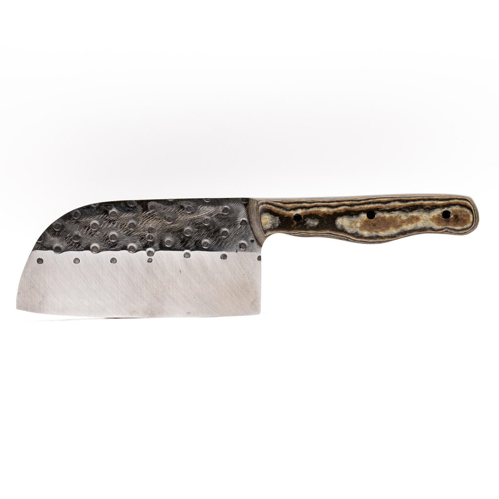 Rucker Knives Fireside Cleaver with a black brown, maple handle, on white background horizontal orientation