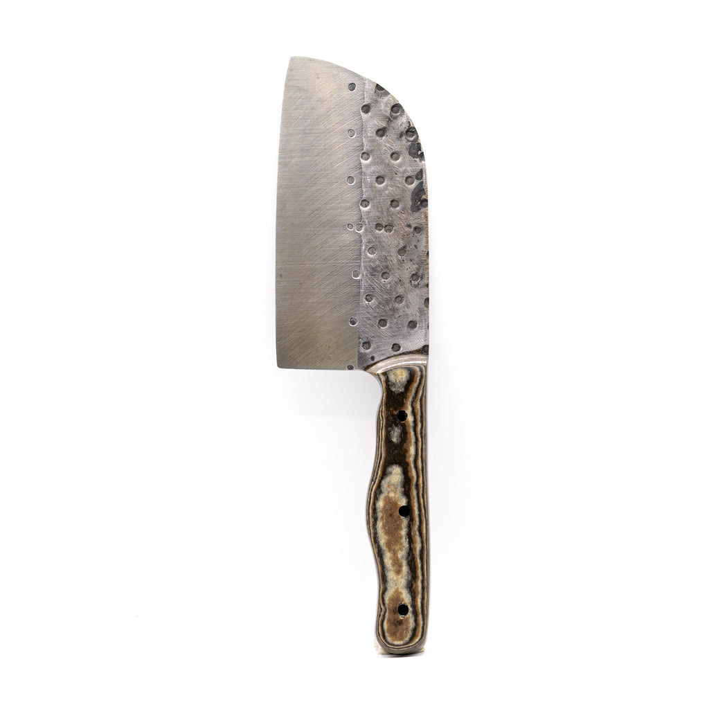 Rucker Knives Fireside Cleaver with a black brown, maple handle, on white background vertical orientation