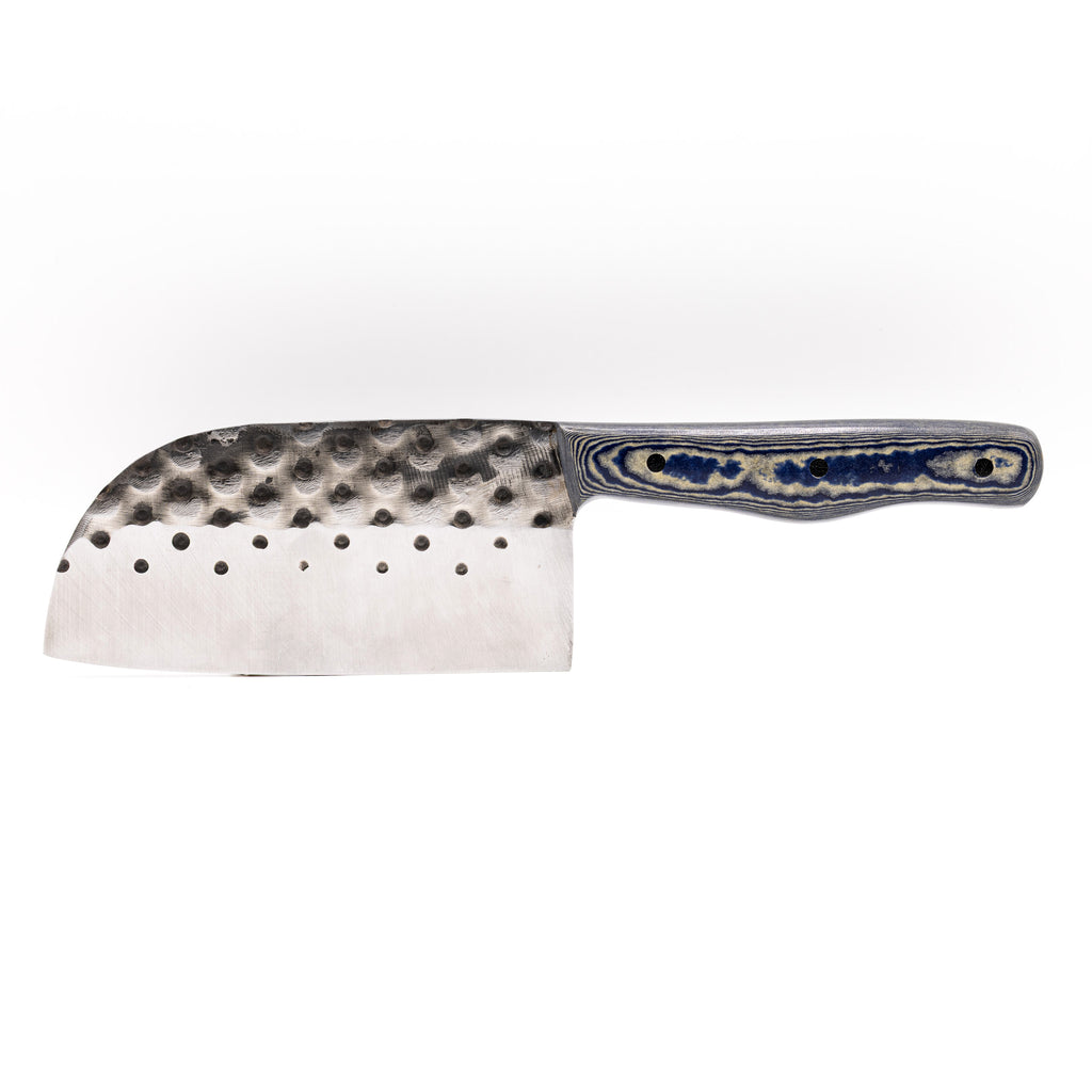 Rucker Knives Fireside Cleaver with a blue canyon maple handle, on white background horizontal orientation