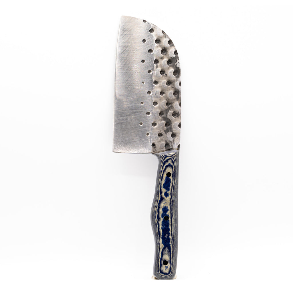 Rucker Knives Fireside Cleaver with a blue canyon maple handle, on white background Vertical orientation