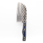 Rucker Knives Fireside Cleaver with a blue canyon maple handle, on white background Vertical orientation