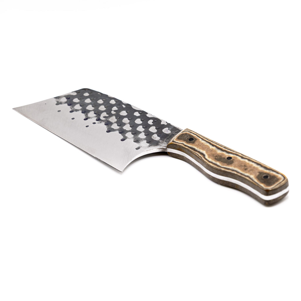 Rucker Knives Sawtooth Cleaver with a black brown, maple handle, on white background diagonal orientation