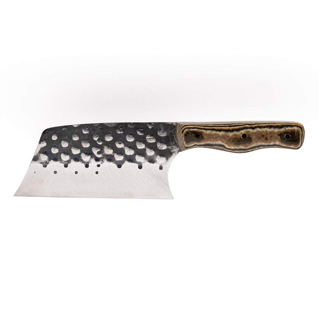 Rucker Knives Sawtooth Cleaver with a black brown, maple handle, on white background horizontal orientation