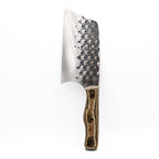 Rucker Knives Sawtooth Cleaver with a black brown, maple handle, on white background vertical orientation