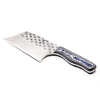 Rucker Knives Sawtooth Cleaver with a blue canyon maple handle, on white background diagonal orientation