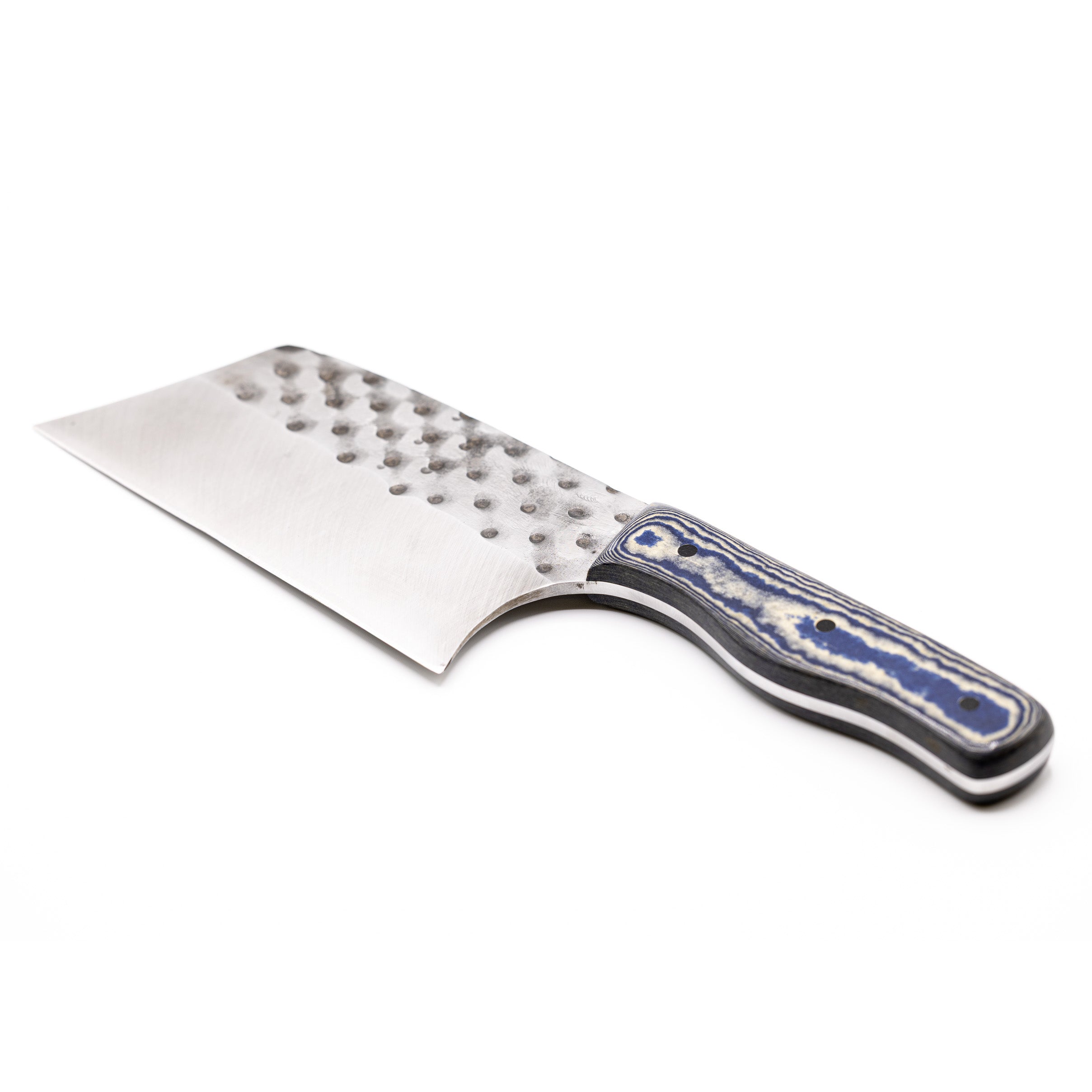 Rucker Knives Sawtooth Cleaver with a blue canyon maple handle, on white background diagonal orientation