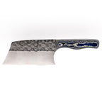 Rucker Knives Sawtooth Cleaver with a blue canyon maple handle, on white background horizontal orientation