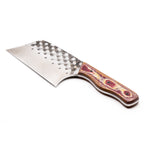 Rucker Knives Sawtooth Cleaver with a redstone maple handle, on white background diagonal orientation