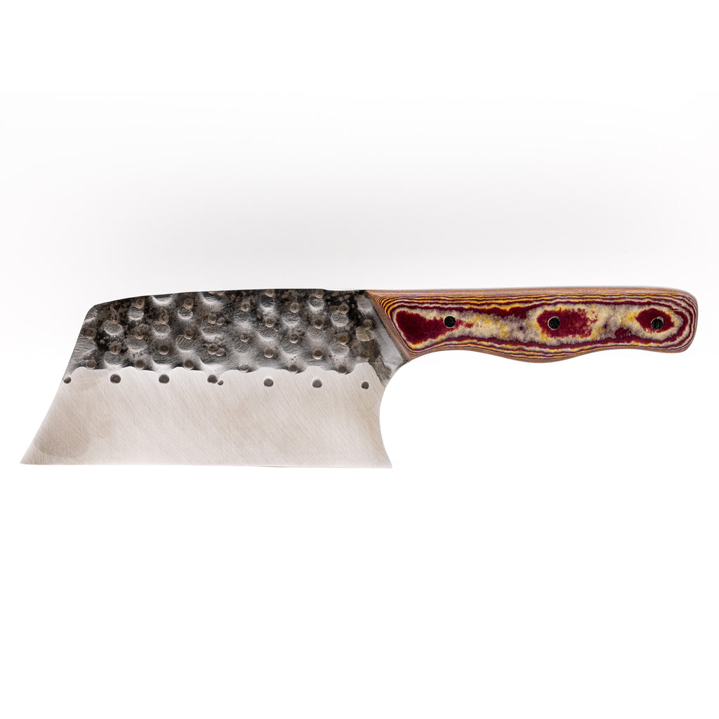 Rucker Knives Sawtooth Cleaver with a redstone maple handle, on white background horizontal orientation