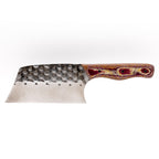 Rucker Knives Sawtooth Cleaver with a redstone maple handle, on white background horizontal orientation