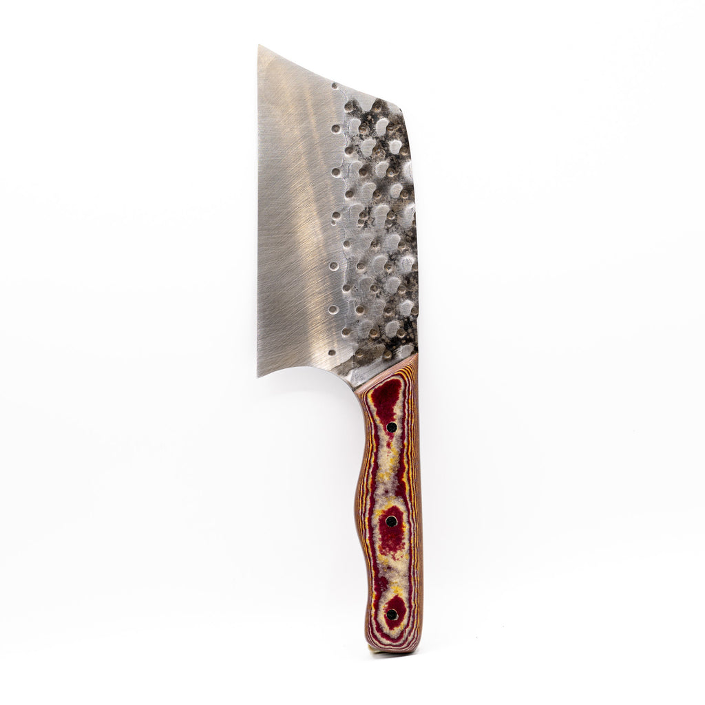 Rucker Knives Sawtooth Cleaver with a redstone maple handle, on white background vertical orientation