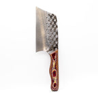 Rucker Knives Sawtooth Cleaver with a redstone maple handle, on white background vertical orientation