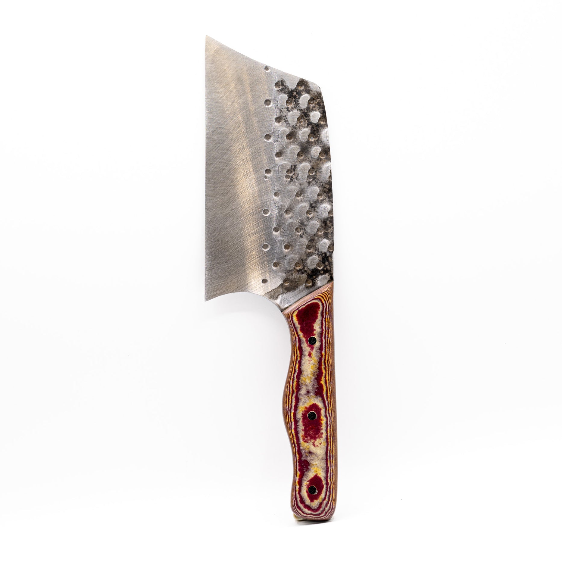 Rucker Knives Sawtooth Cleaver with a redstone maple handle, on white background vertical orientation